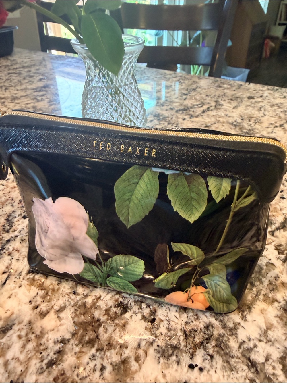 Ted Baker Black Floral Patent Cosmetic Zip Pouch